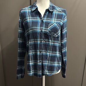 Paige Mya Flannel Women's Small Navy Dark Ink Blue Plaid Striped Button Up Shirt